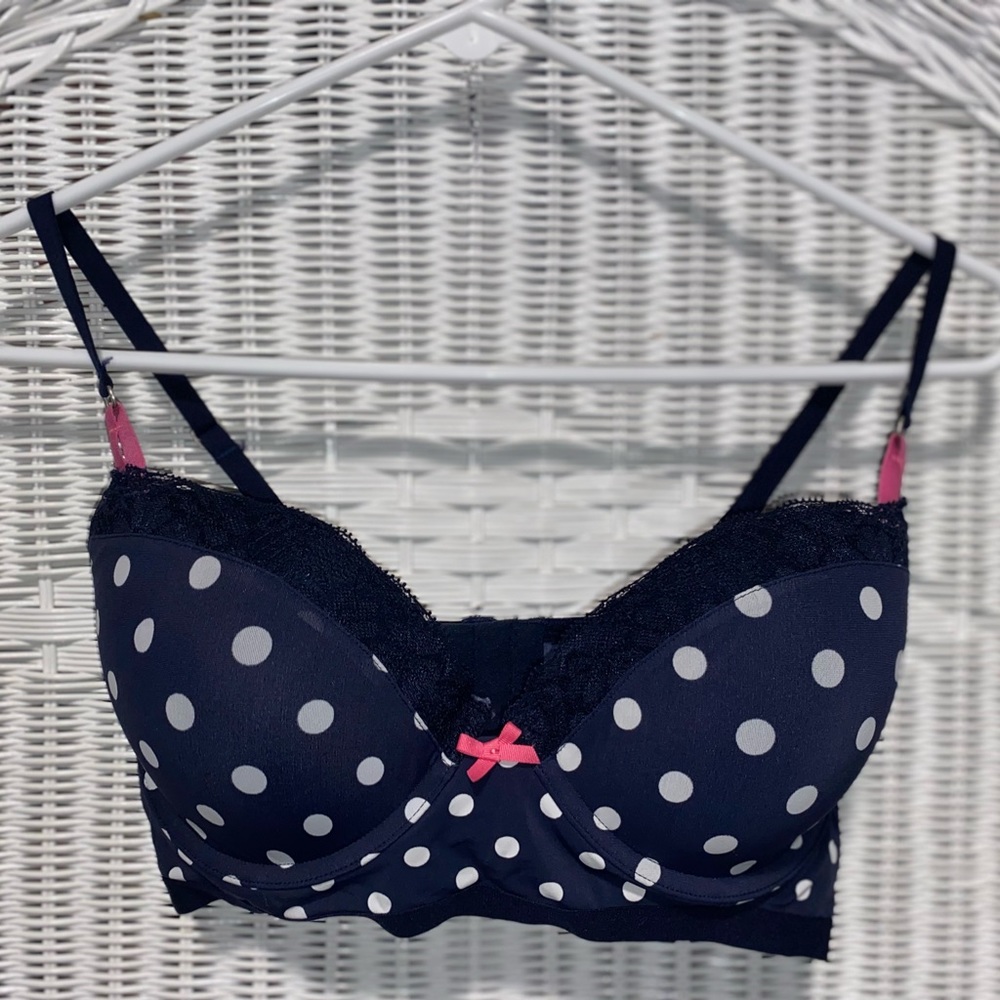 BARLEY WORN DUE TO WRONG SIZE- Gilly Hicks -Navy blue polka dota bra